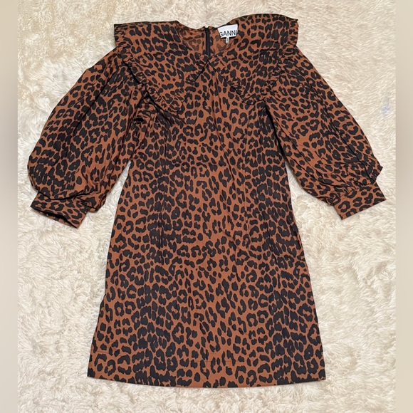 GANNI Ruffled-Collar Leopard-Print Poplin Mini Dress - Size 4 - Picture 2 of 7